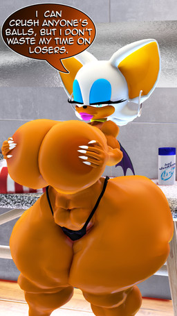 anthro big_breasts big_butt breasts butt choker claws clothing covering_nipples ear_piercing ear_ring female gold_(metal) gold_choker gold_jewelry gold_necklace hoop_ear_ring huge_breasts huge_butt jewelry lips looking_at_viewer narrowed_eyes necklace piercing ring_piercing solo speech_bubble talking_to_viewer thick_lips thick_thighs thong underwear voluptuous_female rocketspuff sega sonic_the_hedgehog_(series) rouge_the_bat bat mammal 3d_(artwork) absurd_res digital_media_(artwork) hi_res