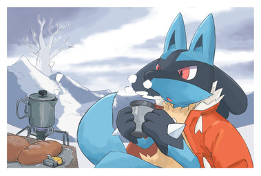 ambiguous_gender anthro beverage blue_body bread clothing coat container cup food fur holding_container holding_cup holding_object open_mouth red_eyes snow solo steam topwear winter momota_pen nintendo pokemon generation_4_pokemon lucario pokemon_(species) 2020 hi_res