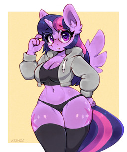 4_fingers anthro black_clothing black_legwear black_thigh_highs black_underwear breasts cleavage clothed clothed_anthro clothed_female clothing cutie_mark eyelashes eyewear female female_anthro fingers geometric_background glasses grey_clothing grey_hoodie grey_topwear hair hoodie horn inner_ear_fluff legwear long_hair looking_at_viewer multicolored_hair multicolored_tail navel purple_body purple_eyes purple_hair purple_tail round_glasses simple_background solo tail text thick_thighs thigh_highs topwear tuft underwear wearing_glasses wings asimos friendship_is_magic hasbro my_little_pony mythology twilight_sparkle_(mlp) equid equine mammal mythological_creature mythological_equine winged_unicorn 2026 5:6 artist_name digital_media_(artwork)