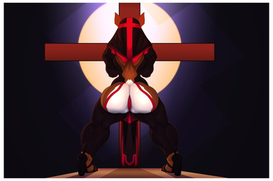 anthro big_butt butt camel_toe clothed clothing cross female footwear fur high_heels multicolored_body multicolored_fur nun rear_view shoes solo standing thick_thighs thong two_tone_body two_tone_fur underwear wide_hips jawful deer mammal absurd_res hi_res