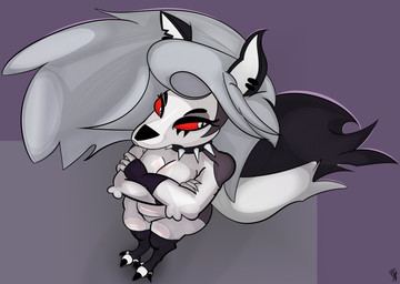 annoyed anthro big_toes bird's-eye_view choker clothing crossed_arms curvy_figure ear_piercing feet female fingerless_gloves fluffy fluffy_tail gloves hair handwear high-angle_view jewelry legwear makeup mascara necklace nude piercing pouting red_eyes solo stockings tail thick_thighs toes white_body white_hair wide_hips amespinkinson hellaverse helluva_boss loona_(helluva_boss) canid canine canis demon mammal wolf absurd_res hi_res