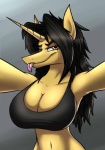 anthro big_breasts black_hair bra breasts cleavage clothed clothing female hair horn huge_breasts solo tongue tongue_out underwear yellow_eyes tacticalfur hasbro my_little_pony mythology amber_steel equid equine mammal mythological_creature mythological_equine unicorn 2016 bust_portrait portrait