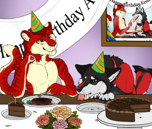 ambiguous_feral ambiguous_gender anthro beef big_fangs black_body black_fur blue_eyes bodily_fluids cake closed_smile clothing dessert drooling duo ear_piercing ear_ring fangs feral food front_view fur glistening glistening_eyes green_eyes grey_body grey_fur hat headgear headwear heterochromia male male_anthro markings meat mouth_closed party_hat piercing red_body red_fur ring_piercing saliva smile steak striped_arms striped_markings striped_tail stripes tail tail_markings tail_motion tailwag teeth white_body white_fur yellow_body yellow_eyes yellow_fur killthe_demon angel_(velvetvlade) yipsky canid canine felid mammal hi_res
