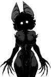 5_fingers armwear bare_shoulders big_breasts breasts cleavage clothed clothing curvy_figure dress elbow_gloves female fingernails fingers gloves glowing glowing_eyes hair handwear head_tilt hourglass_figure legwear long_fingernails long_fingers long_nails looking_at_viewer mouthless nails pelvic_curtain shadow_face sharp_nails short_hair simple_background solo standing stockings white_background sem-l-grim eva_(sem-l-grim) animal_humanoid bat bat_humanoid humanoid leaf-nosed_bat mammal mammal_humanoid microbat vampire vampire_bat yangochiropteran 2025 greyscale hi_res monochrome