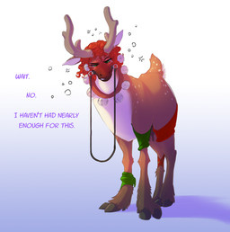 after_transformation bit_gag bridle clothing dialogue drunk female feral gag hair holidays horn quadruped red_hair reins simple_background solo standing substance_intoxication teats text torn_clothing watsup christmas deer mammal new_world_deer reindeer 2017 digital_media_(artwork) english_text