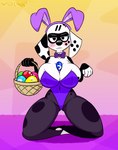 annoyed anthro basket big_breasts blush bow_(feature) bow_in_front bow_tie breasts bunny_costume clothed clothing container costume crossgender easter_egg egg fake_ears fake_rabbit_ears female fur holding_basket holding_container holding_object holidays kneeling leggings legwear looking_at_viewer markings object_between_breasts pivoted_ears simple_background solo spots spotted_body white_body white_fur whitewolf20xx 101_dalmatian_street 101_dalmatians disney easter d-pad_(whitewolf20xx) canid canine canis dalmatian domestic_dog mammal hi_res