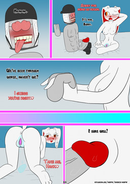abs anthro anus blush bodily_fluids breasts butt clenched_teeth dialogue doll duo erection eyewear female fur genital_fluids genitals glans grey_body grey_nipples grey_skin hand_holding headwrap horn male male/female mask nipples nude penis pink_vulva red_eyes red_inner_ear red_nose stitch_(sewing) sunglasses tail teeth text text_with_heart tongue tongue_out vaginal_fluids vulva white_body white_fur white_nipples otakon_(artist) 2spot_studio bloody_bunny_(series) madness_combat bloody_bunny hank_j._wimbleton animate_inanimate lagomorph leporid living_doll mammal nevadean_(madness_combat) rabbit comic english_text hi_res