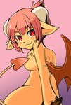 abstract_background anthro bovid_horn breasts caprine_horn chest_tuft convenient_censorship covering covering_breasts female fingers fur goat_horn hair hands_behind_back hooved_fingers hooves horn kemono looking_at_viewer looking_back membrane_(anatomy) membranous_wings pink_hair red_eyes shoulder_blades side_boob smile solo spade_tail tail tail_censorship tan_body tan_fur tuft wide_hips wings toraneko38 bovid caprine demon goat mammal