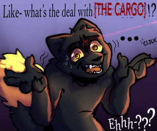 5_fingers ambiguous_gender anthro big_ears big_tail black_body black_fur black_tail black_text bodily_fluids cheek_tuft claws clicking constricted_pupils dipstick_tail ears_back ellipsis facial_tuft finger_claws fingers fluffy fluffy_tail fur gesture glitch glitch_effect head_tuft humanoid_hands humor imminent_death interrobang interrupted_speech joke laser laser_beam laser_sight looking_at_viewer markings motion_lines nude onomatopoeia open_mouth orange_body orange_eyes orange_fur orange_sclera orange_tail_tip pivoted_ears pupils question question_mark raised_arms red_text shrug small_pupils snout solo sound_effects sweat tail tail_markings talking_to_viewer text tuft white_text worried wickflix casualties:_unknown gunsaw canid canine expie_(gunsawian) fox gunsawian hybrid mammal murid murine rat rodent 2025 digital_drawing_(artwork) digital_media_(artwork) english_text hi_res