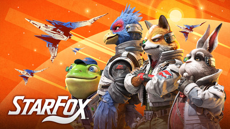 abstract_background anthro arwing beak biped blue_body blue_feathers blue_tail clothed clothed_anthro clothing crossed_arms facial_markings feathered_tail feathers fur game_logo gloves green_body green_skin grey_body grey_fur group handwear hat head_markings headgear headwear jacket long_ears male markings orange_background orange_body orange_fur pointy_ears prick_ears rabbit_ears red_markings scouter simple_background tail text topwear touching_own_chin white_body white_fur white_markings yellow_beak unknown_artist nintendo star_fox star_fox_(2026) falco_lombardi fox_mccloud peppy_hare slippy_toad amphibian avian canid canine fox frog lagomorph leporid mammal rabbit 2026 3d_(artwork) copyright_name digital_media_(artwork) english_text hi_res official_art promotional_material