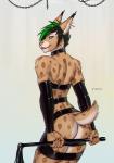 anthro arm_warmers armwear butt cat_o'_nine_tails clothed clothing collar crossdressing femboy fur hair latex looking_at_viewer looking_back male simple_background smile solo standing whip smiju lunatik felid feline lynx mammal digital_media_(artwork) shaded