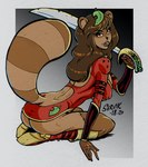 anthro breasts clothed clothing female fur holding_object holding_weapon leaf leaf_on_head looking_at_viewer looking_back melee_weapon nipple_outline simple_background skimpy solo sword tail weapon servik trials_in_tainted_space kiro_(tits) canid canine kui-tan mammal raccoon_dog tanuki herm_(lore)