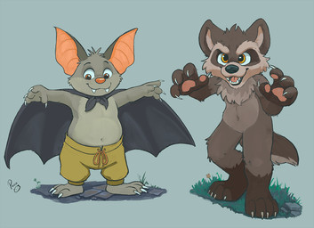 anthro black_cape black_clothing brown_body brown_fur cape claws clothing duo fangs featureless_crotch finger_claws front_view fur grey_body grey_fur logo looking_at_viewer male male_anthro mouth_closed nude open_mouth orange_eyes overweight overweight_anthro overweight_male red_eyes red_tongue simple_background standing teeth toe_claws tongue white_claws young young_anthro young_male pandapaco bat canid canine canis mammal wolf artist_logo signature