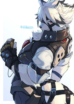 anthro black_body black_clothing black_ears black_fur black_hair clothed clothing fingerless_gloves fully_clothed fur gloves hair handwear high-angle_view looking_at_viewer male red_eyes solo tail topwear white_body white_fur white_hair white_tail lcbutter mihoyo zenless_zone_zero von_lycaon canid canine canis mammal thiren wolf hi_res