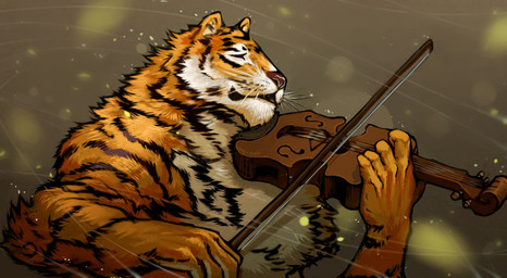 anthro biped black_body black_fur bowed_string_instrument bow_(stringed_instrument) eyes_closed fur holding_object male musical_instrument nude orange_body orange_fur playing_music playing_violin solo standing string_instrument stripes violin whiskers white_body white_fur wind lupesilverwind pockyrumz felid mammal pantherine tiger 2014