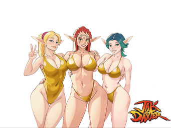 accessory beach big_breasts bikini blonde_hair blue_eyes breasts clothing collarbone ear_piercing ear_ring eyebrows eyelashes facial_tattoo female gesture gold_bikini gold_swimwear green_eyes green_hair group hair hair_accessory hairband hand_gesture hand_on_another's_hip hand_on_another's_shoulder hand_on_hip hand_on_shoulder humanoid_pointy_ears looking_at_viewer navel not_furry one-piece_swimsuit piercing pointy_ears red_hair ring_piercing simple_background smile swimwear tattoo thigh_gap trio two-piece_swimsuit v_sign white_background wide_hips dmordraws golden_week jak_and_daxter naughty_dog sony_corporation sony_interactive_entertainment ashelin keira_(jak_and_daxter) tess_(jak_and_daxter) elf humanoid 2026 4:3 hi_res