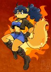 anthro belt blue_hair boots bottomwear breasts burning butt_on_fire cleavage clothed clothing female fire fluffy fluffy_tail footwear fur hair hand_on_butt jacket orange_body orange_fur pain shoes skirt solo tail tail_on_fire topwear burntbeebs sly_cooper_(series) sony_corporation sony_interactive_entertainment sucker_punch_productions carmelita_fox canid canine fox mammal hi_res