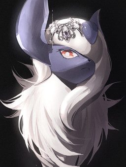 ambiguous_gender eyelashes feral fur hair horn jewelry looking_at_viewer one_eye_obstructed red_eyes simple_background solo white_body white_fur white_hair mmocc123 nintendo pokemon generation_6_pokemon mega_absol mega_evolution pokemon_(species) 2025 hi_res