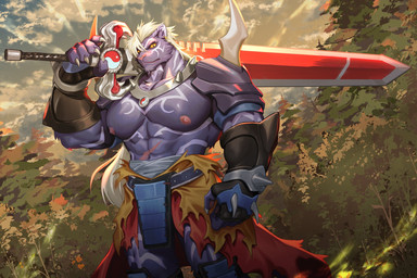 abdominal_scar abs anthro armor blue_sky clothed clothing cloud ear_piercing ear_ring forest fur gauntlets gloves hair handwear holding_melee_weapon holding_object holding_sword holding_weapon low-angle_view male markings melee_weapon nipples pecs piercing plant purple_body purple_fur ring_piercing scar sky solo spaulder standing stripes sword sword_on_shoulder tassets topless tree weapon weapon_on_shoulder white_hair white_markings white_stripes yellow_sclera yin_yang moodraw onmyou_taisenki rangetsu_(onmyou_taisenki) felid mammal pantherine tiger 2026 hi_res