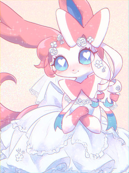 accessory anthro blue_eyes clothing dress female flower flower_in_hair fur hair hair_accessory heart_eyes heart_symbol neck_tuft plant ribbons rose_(flower) solo sparkles tuft wedding_dress white_body white_fur pyonko nintendo pokemon eeveelution generation_6_pokemon pokemon_(species) sylveon 3:4