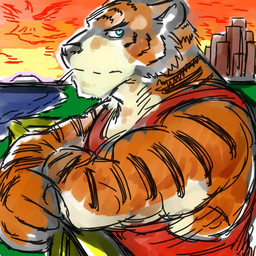 anthro biceps biped blue_eyes cigarette city clothing crossed_arms looking_at_viewer male muscular muscular_anthro muscular_male outside shirt sky solo standing stripes sunset tank_top topwear water yad dreamworks madagascar_(series) vitaly_(madagascar) felid mammal pantherine tiger 1:1