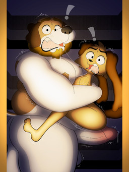 anthro balls beard big_penis bodily_fluids butt caught_in_the_act duo erection exclamation_point eyebrows facial_hair genitals glans humanoid_genitalia humanoid_penis male male/male motion_lines nude overweight overweight_anthro overweight_male penis saliva saliva_string size_difference snout standing surprised tail hugo_yaps canid canine canis domestic_dog mammal 3:4 absurd_res hi_res
