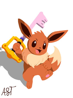 3_fingers 3_toes anthro big_tail biped black_nose brown_body brown_fur brown_inner_ear_fluff brown_tail dipstick_tail feet fingers fur head_tuft holding_melee_weapon holding_object holding_weapon inner_ear_fluff keyblade long_ears male markings melee_weapon open_mouth pawpads pink_pawpads pink_tongue simple_background solo standing tail tail_markings text toes tongue tuft weapon white_background white_tail_tip fulgito_ast kingdom_hearts nintendo pokemon square_enix eevee generation_1_pokemon pokemon_(species) 3:4 artist_name hi_res