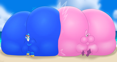 anthro ass_to_ass beach beak big_breasts big_butt black_eyes black_eyewear black_glasses blue_body blue_eyes blue_sky breasts butt butt_bump butt_squish cloud duo eyewear female front_view glasses hair huge_breasts huge_butt huge_thighs hyper hyper_breasts hyper_butt hyper_thighs looking_at_another male motion_lines open_mouth open_smile outside pink_body pink_hair pink_tongue red_mouth red_sclera sand sea sky smile smiling_at_another squish thick_thighs tongue water white_beak yellow_beak grinex nintendo pokemon generation_6_pokemon generation_9_pokemon pokemon_(species) quaquaval spritzee 2025 colored digital_media_(artwork) hi_res shaded