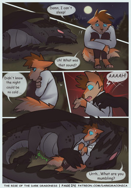 abdominal_bulge anthro barefoot belly biped black_body black_scales blue_eyes bodily_fluids bodily_noises bottomwear brown_hair clothed clothing coat cuddling dialogue different_sound_effects digestion duo eyes_closed feet female feral fur hair hugging_legs lying male moon motion_lines night onomatopoeia orange_body orange_fur outside page_number pants quadruped rumbling_stomach scales sitting sitting_on_ground size_difference sleeping sound_effects speech_bubble sweat sweatdrop tail text topwear white_clothing white_coat white_topwear wings darkdraconica mythology patreon darky_(darkdraconica) dave_(darkdraconica) canid canine dragon fox mammal mythological_creature mythological_scalie scalie 2023 absurd_res colored comic digital_drawing_(artwork) digital_media_(artwork) english_text hi_res url