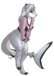 anthro bell bottomless breasts clothed clothing clothing_pull female green_eyes grey_body grey_skin hair long_hair looking_at_viewer non-mammal_breasts shirt shirt_pull simple_background solo tail thick_tail thick_thighs topwear topwear_pull white_background white_hair wide_hips juxzebra ryn_iiskra fish marine shark 2013