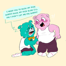 anthro begging begging_for_sex blue_body blush bodily_fluids crying dialogue duo male pink_body slightly_chubby tears text sciaecallo unicorn_wars achuchones_(unicorn_wars) gordi_(unicorn_wars) bear mammal 1:1 2023 english_text hi_res