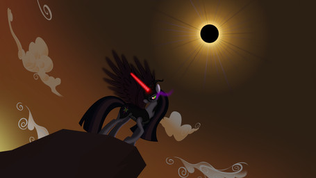 alternate_color armor black_hair clothing cloud corruption cutie_mark eclipse eye_mist feathered_wings feathers female feral frown fur glowing green_sclera hair headgear helmet horn light long_hair magic moon multicolored_hair outside purple_body purple_feathers purple_fur purple_hair red_eyes sky solo spread_legs spreading sun two_tone_hair wings sorelstrasz friendship_is_magic hasbro my_little_pony mythology twilight_sparkle_(mlp) equid equine mammal mythological_creature mythological_equine winged_unicorn hi_res