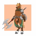 anatomically_correct anatomically_correct_genitalia animal_genitalia animal_penis anthro armor axe balls barefoot belt big_balls big_penis braided_hair buckler chausses clothing darkened_balls darkened_genitalia digitigrade double_bitted_axe equine_genitalia equine_penis feet fingerless_gloves flaccid gambeson genitals gloves gorget greataxe green_clothing hair hair_over_eyes handwear holding_object holding_weapon hooves knee_guards leather leather_clothing leather_gloves leather_handwear leather_strap long_hair male mane melee_weapon mostly_nude nipples nude pauldron penis rerebrace saggy_balls schynbalds shield solo standing straps tail tassets unconvincing_armor vambrace weapon leofwulf jehan equid equine horse mammal 1:1 2024 digital_media_(artwork) flat_colors full-length_portrait hi_res portrait