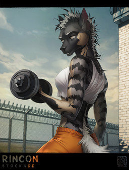 anthro athletic athletic_anthro athletic_female blurred_background bottomwear breasts clothed clothing crop_top day dumbbell exercise female fur hair holding_object looking_at_viewer looking_back looking_back_at_viewer nipple_outline outside pants pose prison prisoner rear_view shirt solo spiky_hair striped_body striped_fur stripes teeth text three-quarter_view topwear torn_clothing weightlifting weights workout wildering drew_(wildering) hyena mammal striped_hyena artist_name detailed digital_media_(artwork) english_text shaded soft_shading