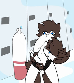 anthro duo exercise fluid-body male male/male masturbation sit-up trapped shinyxyrael changed_(video_game) lin_(changed) canid canine human mammal animated hi_res