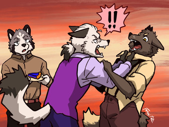 angry anthro bared_teeth belt_buckle black_body black_fur black_nose black_tail_tip blueberry_pie brown_clothing brown_shirt brown_topwear buckle cheek_markings clothing cross-popping_vein dipstick_tail ears_down exclamation_point facial_markings food fur gradient_background grey_body grey_fur group hair head_markings humor male markings multicolored_body pastry pie pivoted_ears ponytail purple_clothing purple_shirt purple_topwear purple_vest shirt shirt_grab simple_background solo speech_bubble suspenders tail tail_markings tan_tail_tip teeth topwear trio unimpressed vest white_body white_fur fruitz fiz_(fruitz) rut_(fruitz) tristan_(fruitz) canid canine fox mammal marble_fox red_fox true_fox 4:3 digital_media_(artwork) hi_res sketch story story_in_description brother_(lore) brothers_(lore) sibling_(lore)