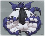 anthro balls belly big_belly black_body black_hair blue_body fangs feet genitals grey_background hair looking_at_viewer male moobs muscular muscular_male nipples overweight overweight_male penis red_eyes short_hair simple_background solo tail teeth white_body teaselbone mythology izaak_sundjata_starrman dragon mythological_creature mythological_scalie scalie 2024 hi_res