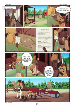 animal_genitalia anthro balls dialogue farm feral genitals male note sheath smug stable text prismanoodle canid canine equid equine felkin fox horse mammal comic english_description english_text hi_res