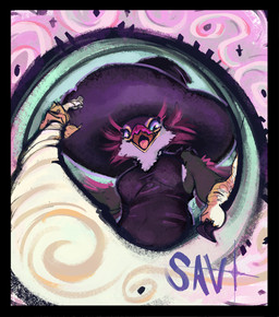 abstract_background anthro breasts brown_body clothing feet female hat headgear headwear looking_at_viewer looking_down looking_down_at_viewer low-angle_view medium_breasts non-mammal_breasts open_mouth smile solo talons toes witch_hat worm's-eye_view savielle avian bird 2025 digital_media_(artwork) hi_res