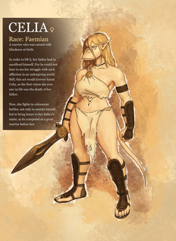 5_fingers 5_toes anthro armband armor blonde_hair bottomwear choker clothing description feet female fingers fist footwear hair holding_melee_weapon holding_object holding_sword holding_weapon humanoid_pointy_ears jewelry loincloth melee_weapon midriff nails navel necklace pale_skin pointy_ears sandals sharp_nails shoes solo standing sword text toes topwear vambrace weapon yellow_eyes redustheriotact celia_(redustheriotact) faemian haplorhine mammal monkey primate 2022 english_text hi_res