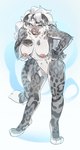 anthro big_breasts blue_eyes breasts female fur genitals grey_body grey_fur hair markings nipples nude pussy simple_background spots spotted_body spotted_fur tail white_body white_fur white_hair kyuuoku felid mammal pantherine snow_leopard absurd_res hi_res