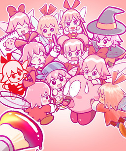 ambiguous_gender biped blush blush_stickers bodily_fluids brush clone closed_smile clothed clothing drawing_(object) eye_contact eyes_closed feeding_another female female_humanoid food fruit group hair insect_wings looking_at_another mouth_closed not_furry open_mouth open_smile paintbrush pink_background pink_body pink_hair plant red_body shocked simple_background smile solo_focus strawberry style_emulation surrounded sweat sweatdrop tan_body tan_skin wide_eyed wings young young_female yutakunatu kirby_(series) kirby_64:_the_crystal_shards nintendo kirby ribbon_(kirby) fairy humanoid waddling_head 2026 5:6 digital_drawing_(artwork) digital_media_(artwork) hi_res japanese_description