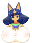 :| anthro big_breasts breasts clothed clothing egyptian egyptian_clothing female huge_breasts hyper hyper_breasts looking_at_viewer nipple_outline simple_background solo white_background omenyanozero animal_crossing nintendo ankha_(animal_crossing) domestic_cat felid feline felis mammal 3:4 bust_portrait portrait