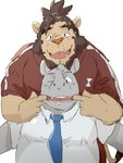 anthro brown_body brown_fur clothing duo fur horn humanoid_hands kemono male necktie overweight overweight_male shirt topwear train_(artist) felid lion mammal pantherine rhinoceros 2021 3:4 hi_res