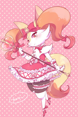 4_fingers accessory ambiguous_anthro ambiguous_gender anthro biped blush bow_ribbon choker closed_smile clothed clothed_ambiguous clothed_anthro clothing dipstick_tail dress fingers footwear frilly frilly_clothing front_view gloves hair_accessory hair_bow hair_ribbon handwear heart_eyes heart_symbol high_heels holding_object holding_staff jewelry legwear looking_at_viewer markings mouth_closed necklace on_one_leg ribbons shoes simple_background smile snout solo speech_bubble staff standing stockings tail tail_markings text three-quarter_view pyonko nintendo pokemon braixen canid generation_6_pokemon mammal pokemon_(species) 2016 2:3 cel_shading colored digital_drawing_(artwork) digital_media_(artwork) full-length_portrait japanese_text portrait shaded translated