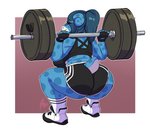 anthro athletic_wear big_butt blue_hair bottomwear bra breasts butt clothing countershading crouching exercise eyewear female fingerless_gloves footwear glasses gloves gym_bottomwear gym_shorts hair handwear markings pokemorph ponytail rear_view shoes short_tail shorts sneakers socks solo sports_bra spots spotted_body tail thick_thighs underwear weightlifting weights workout lavenderpandy nintendo pokemon valentine_laurent generation_1_pokemon lapras pokemon_(species) 2020 absurd_res hi_res