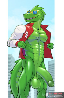 3_fingers abs anthro balls big_balls bottomless circumcised clothed clothing eyewear fingers genitals humanoid_genitalia humanoid_penis jacket jacket_only letterman_jacket male muscular outside penis public solo sunglasses text topwear topwear_only iudicium86 rocky_d dinosaur prehistoric_species reptile scalie hi_res url