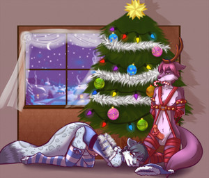 accessory angry anthro armwear bell big_tail bottomless bottomwear bound bow_knot butt candy candy_cane christmas_star christmas_tree christmas_tree_topper clothed clothing collar dessert duo elbow_gloves erection feet femboy food footwear fur garland genitals gift gift_wrapped gloves hair hands_behind_back handwear harness hat headgear headwear holidays horn humanoid_genitalia humanoid_penis inside kneeling legwear lying male male/male pattern_clothing pattern_legwear pawpads paws penis penis_accessory penis_ribbon person_as_gift person_present plant ribbons sex_toy skirt slave socks stockings striped_clothing striped_legwear stripes submissive submissive_male tail thigh_highs toeless_footwear toeless_socks toes tree wrapped_up scarlet-frost christmas adrian_(firewolf) novus canid canine canis felid leopard mammal pantherine snow_leopard wolf 2015 digital_media_(artwork) hi_res