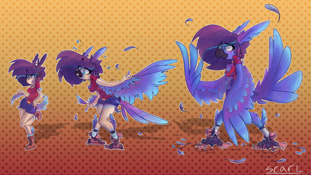 anthro base_one_layout basic_sequence beak blue_body blue_eyes blue_feathers bodily_fluids bottomwear breasts clothing feathered_wings feathers female growth hair humanoid_to_anthro linear_sequence one_row_layout pattern_background purple_hair shorts simple_background smile solo standing surprised sweat sweatdrop three_frame_image three_frame_sequence torn_clothing transformation transformation_sequence wings dascarl animal_humanoid avian avian_humanoid humanoid 16:9 2019 sequence widescreen