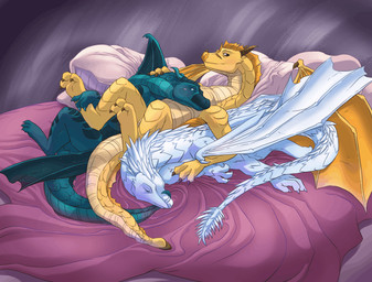 ambiguous_gender bed black_sclera blue_body blue_scales brown_body brown_eyes brown_scales claws cuddling eyes_closed facial_scar female feral finger_claws furniture green_body green_eyes green_scales group head_spikes horn long_neck long_tail lying male membrane_(anatomy) membranous_wings nose_spike on_back on_side polyamory scales scar smile snout spiked_tail spikes spikes_(anatomy) starry_wings tail toe_claws trio wings flawseer european_mythology mythology wings_of_fire moonwatcher_(wof) qibli_(wof) winter_(wof) dragon icewing_(wof) mythological_creature mythological_scalie nightwing_(wof) sandwing_(wof) scalie western_dragon hi_res shaded female_(lore) male_(lore)